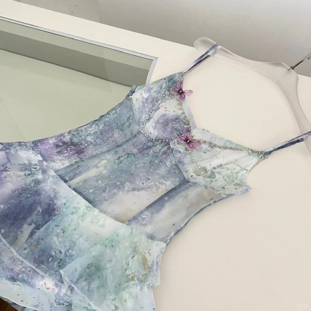 Dreamy Purple And Blue Gradient A-Line Spaghetti Strap Cake Chiffon Long Formal Prom Dresses