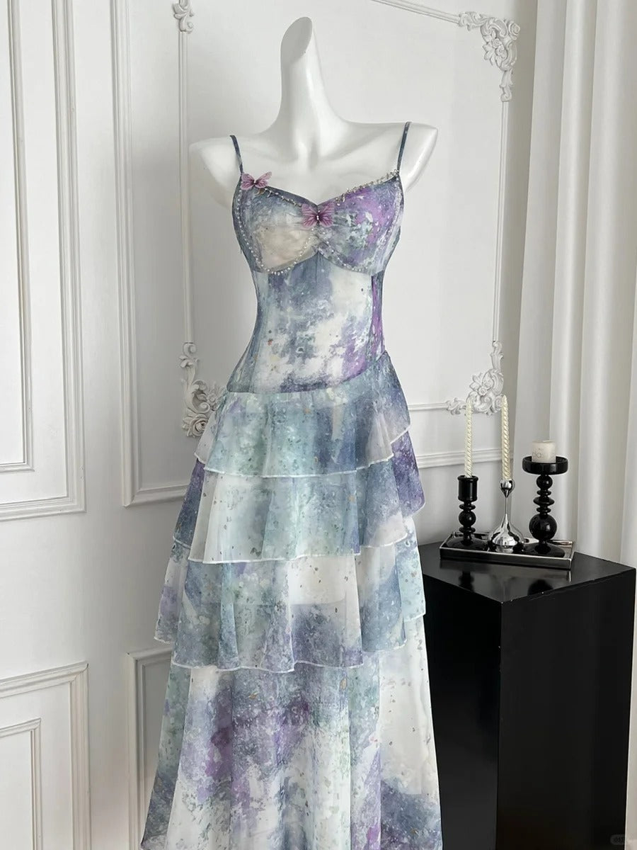 Dreamy Purple And Blue Gradient A-Line Spaghetti Strap Cake Chiffon Long Formal Prom Dresses Main image