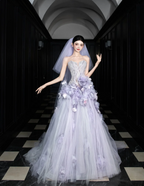 Dreamy Purple Strapless 3D Floral Tulle Train Ball Gown Prom Dresses