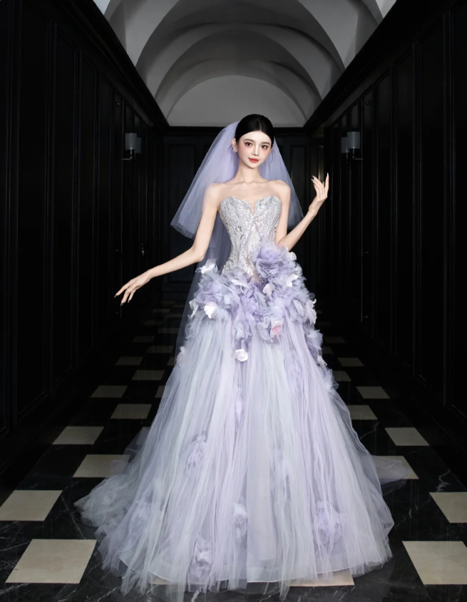 Dreamy Purple Strapless 3D Floral Tulle Train Ball Gown Prom Dresses