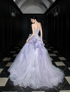 Dreamy Purple Strapless 3D Floral Tulle Train Ball Gown Prom Dresses
