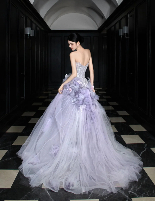 Dreamy Purple Strapless 3D Floral Tulle Train Ball Gown Prom Dresses