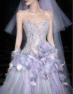 Dreamy Purple Strapless 3D Floral Tulle Train Ball Gown Prom Dresses