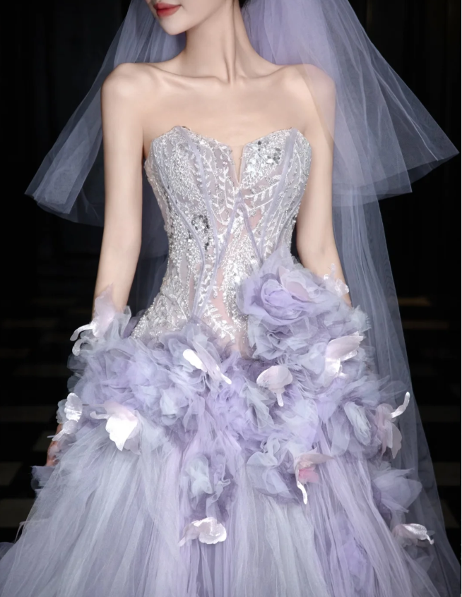 Dreamy Purple Strapless 3D Floral Tulle Train Ball Gown Prom Dresses