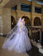 Dreamy Purple Strapless 3D Floral Tulle Train Ball Gown Prom Dresses
