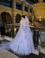 Dreamy Purple Strapless 3D Floral Tulle Train Ball Gown Prom Dresses