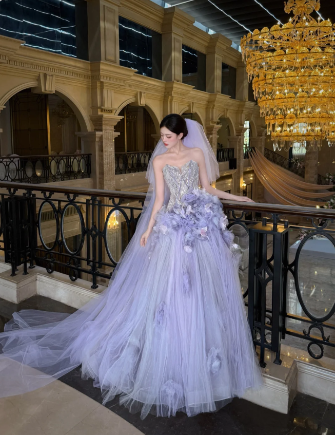 Dreamy Purple Strapless 3D Floral Tulle Train Ball Gown Prom Dresses