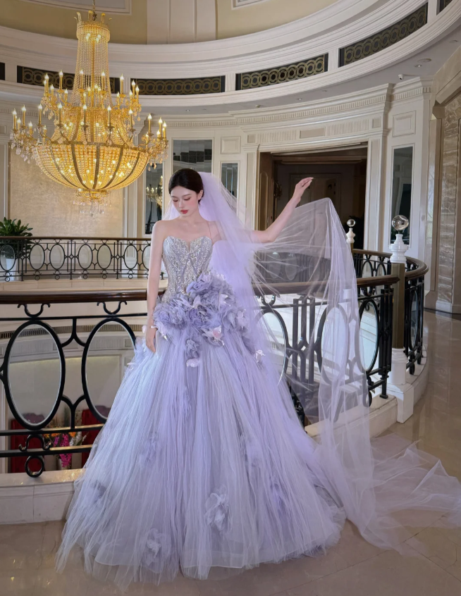 Dreamy Purple Strapless 3D Floral Tulle Train Ball Gown Prom Dresses