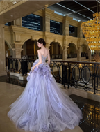 Dreamy Purple Strapless 3D Floral Tulle Train Ball Gown Prom Dresses