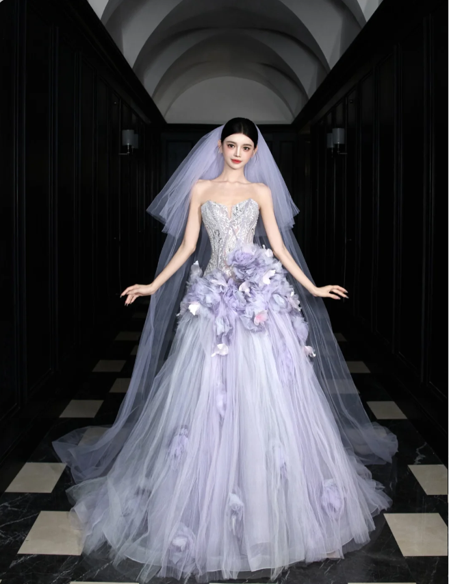 Dreamy Purple Strapless 3D Floral Tulle Train Ball Gown Prom Dresses Main image