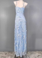 Dreamy Sky Blue A-Line Spaghetti Strap Deep V 3D Floral Tulle Long Formal Prom Dresses