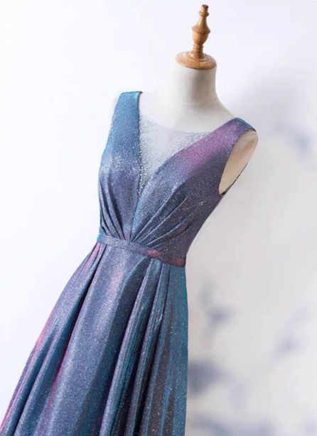 Dreamy Starry Sky Gradient Purple-Blue V-Neck Satin Long Formal Prom Dresses