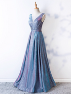 Dreamy Starry Sky Gradient Purple-Blue V-Neck Satin Long Formal Prom Dresses