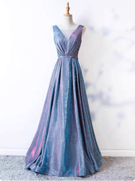 Dreamy Starry Sky Gradient Purple-Blue V-Neck Satin Long Formal Prom Dresses
