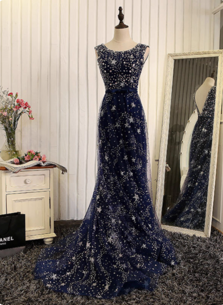 Dreamy Starry Sky Navy Blue A-Line Crew Neck Star-Patterned Tulle Train Formal Prom Dresses