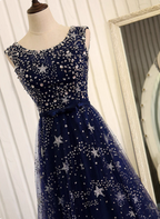 Dreamy Starry Sky Navy Blue A-Line Crew Neck Star-Patterned Tulle Train Formal Prom Dresses