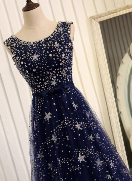 Dreamy Starry Sky Navy Blue A-Line Crew Neck Star-Patterned Tulle Train Formal Prom Dresses