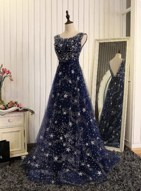 Dreamy Starry Sky Navy Blue A-Line Crew Neck Star-Patterned Tulle Train Formal Prom Dresses Main image
