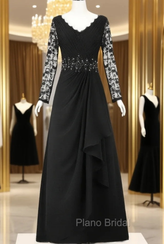 Dreamy V-Neck Long Sleeve Lace Chiffon Mother of the Bride Dresses