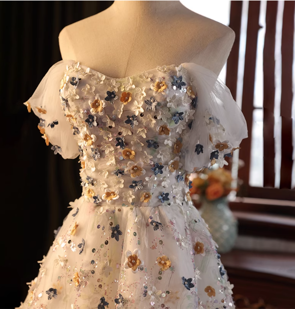 Dreamy White A-Line Off-The-Shoulder 3D Floral Sequined Tulle Long Formal Prom Dresses
