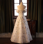Dreamy White A-Line Off-The-Shoulder 3D Floral Sequined Tulle Long Formal Prom Dresses