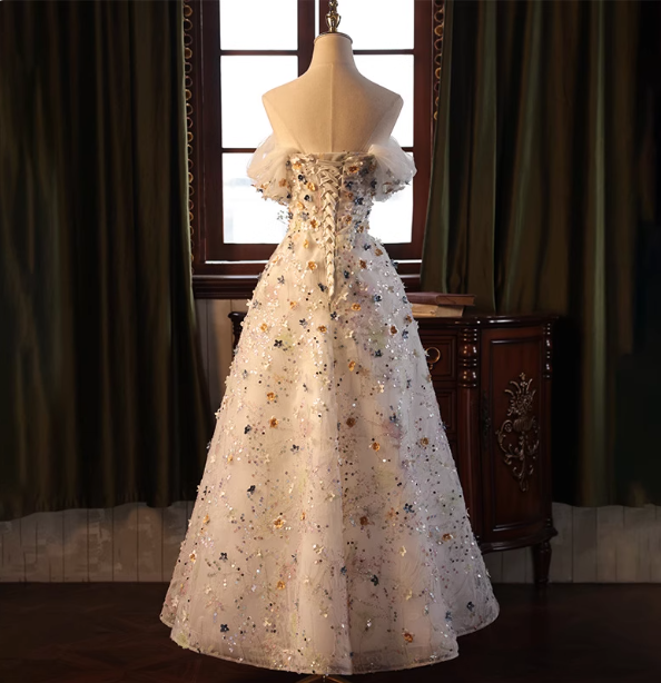 Dreamy White A-Line Off-The-Shoulder 3D Floral Sequined Tulle Long Formal Prom Dresses