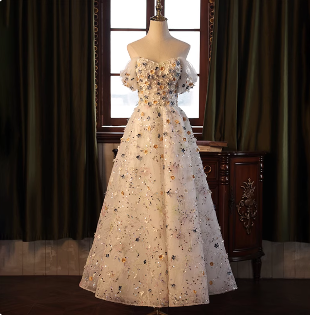 Dreamy White A-Line Off-The-Shoulder 3D Floral Sequined Tulle Long Formal Prom Dresses Main image