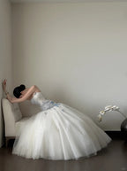 Dreamy White And Blue Gradient A-Line Strapless Tulle Long Formal Prom Dresses Wedding Dresses