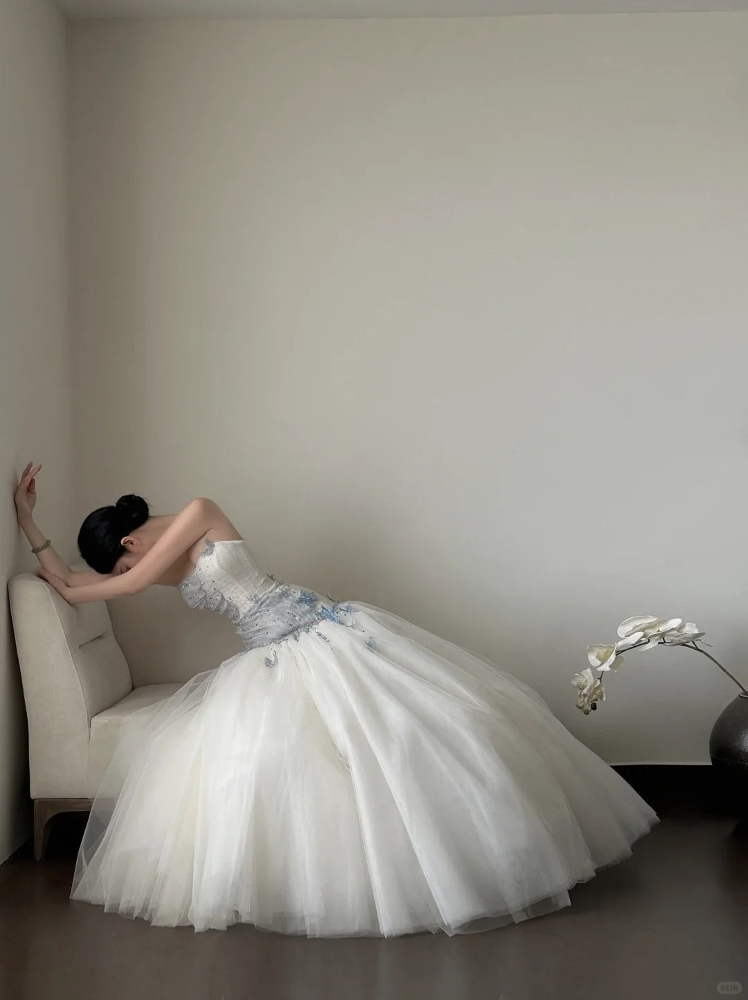 Dreamy White And Blue Gradient A-Line Strapless Tulle Long Formal Prom Dresses Wedding Dresses