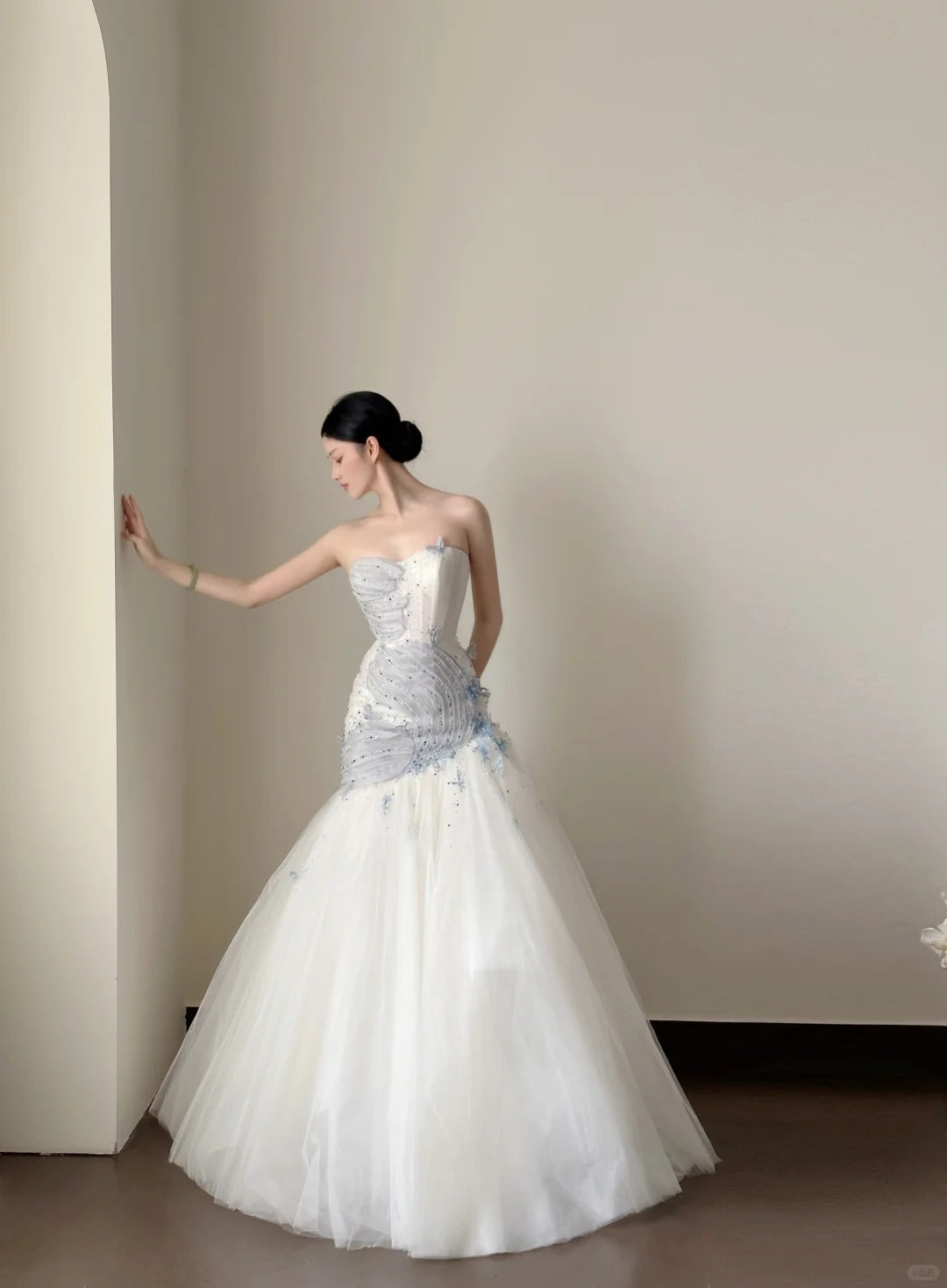 Dreamy White And Blue Gradient A-Line Strapless Tulle Long Formal Prom Dresses Wedding Dresses