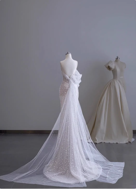 Dreamy White Mermaid Spaghetti Strap Open Back Tulle Train Formal Prom Dresses Secondary image