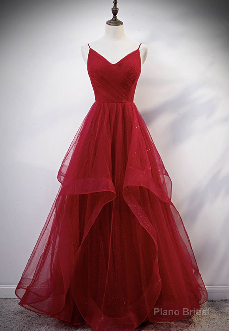 Burgundy Tulle Long Prom Dresses, V-Neck Evening Dress Main image