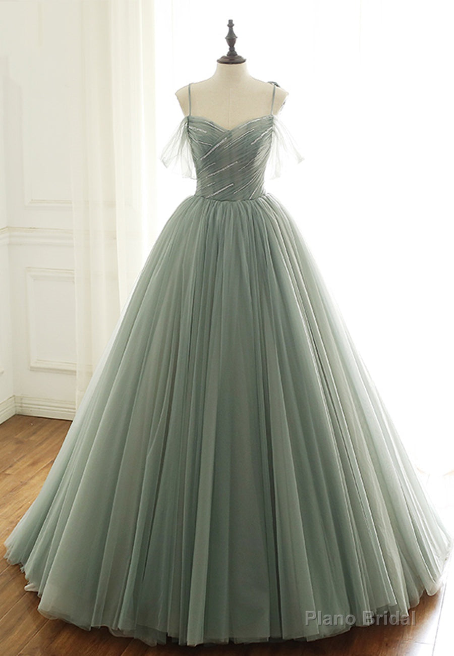 Green Tulle Long Prom Dresses, A-Line Spaghetti Straps Evening Dresses Main image