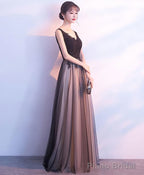 Black Tulle V Neck Long Prom Dress Black Evening Dress