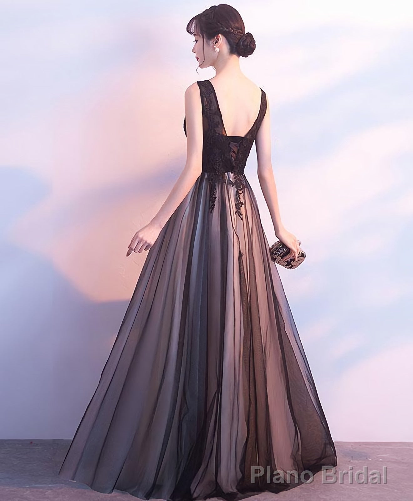 Black Tulle V Neck Long Prom Dress Black Evening Dress Secondary image