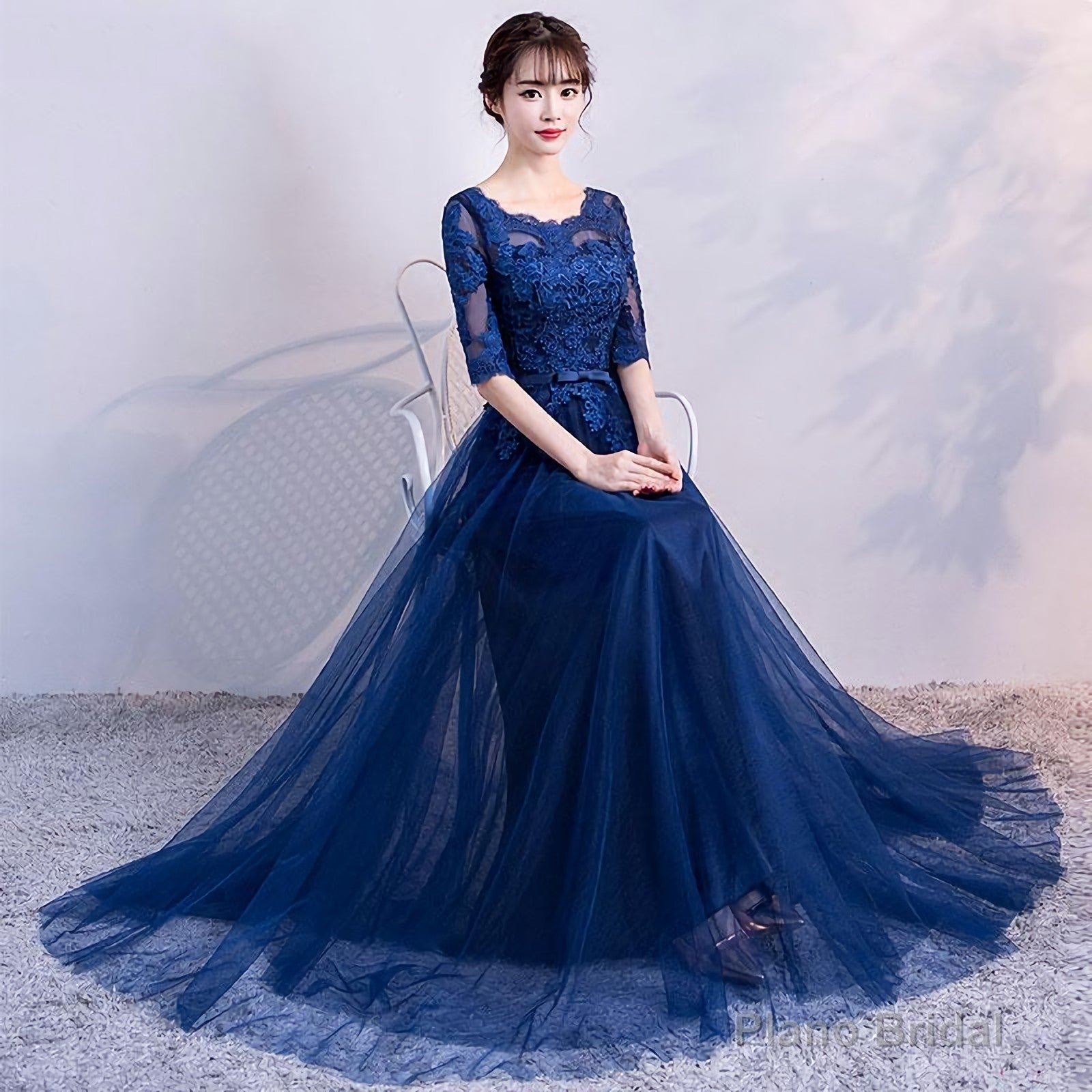 Blue Tulle Lace Long Prom Dress, Lace Evening Dress Main image