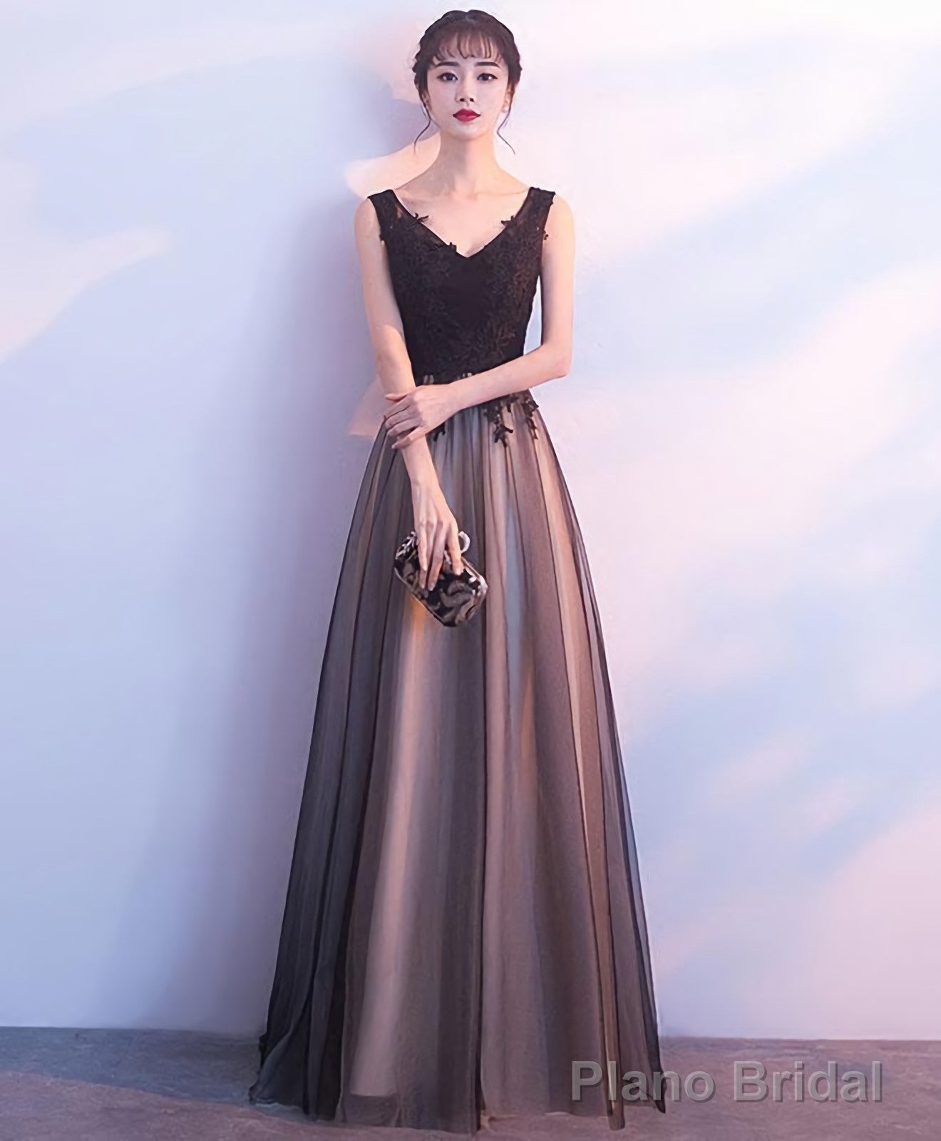 Black Tulle V Neck Long Prom Dress Black Evening Dress Main image