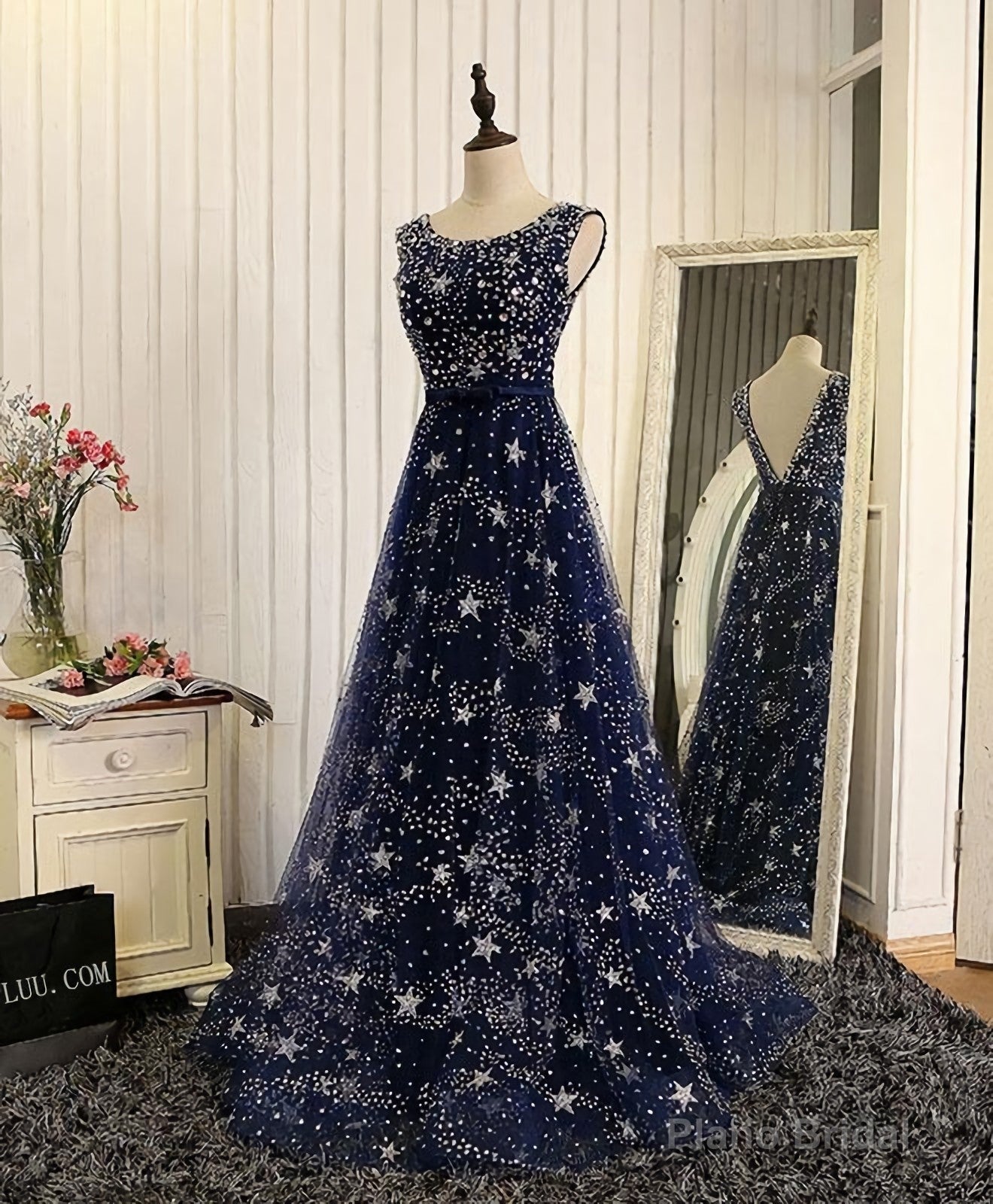 Blue Beaded Sequins Long Prom Dress, Blue Evening Dress Main image