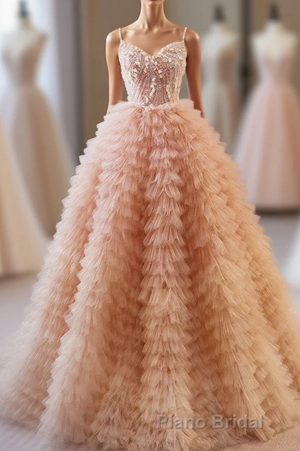 Unique V Neck Tulle Sequin Orange Pink Long Formal Prom Dresses, Orange Pink Sweet 16 Dresses Main image