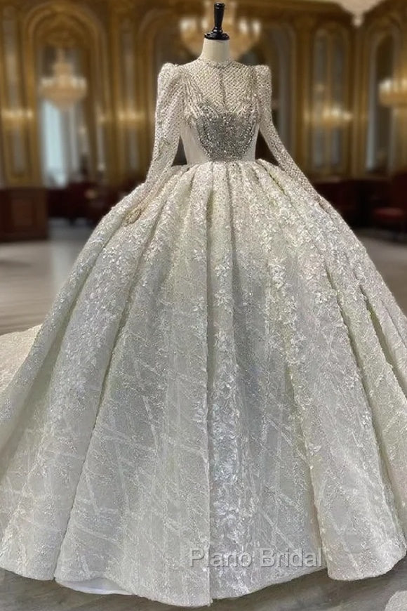 Dubai Ball Gown Lace Appliques Long Sleeve Wedding Dresses