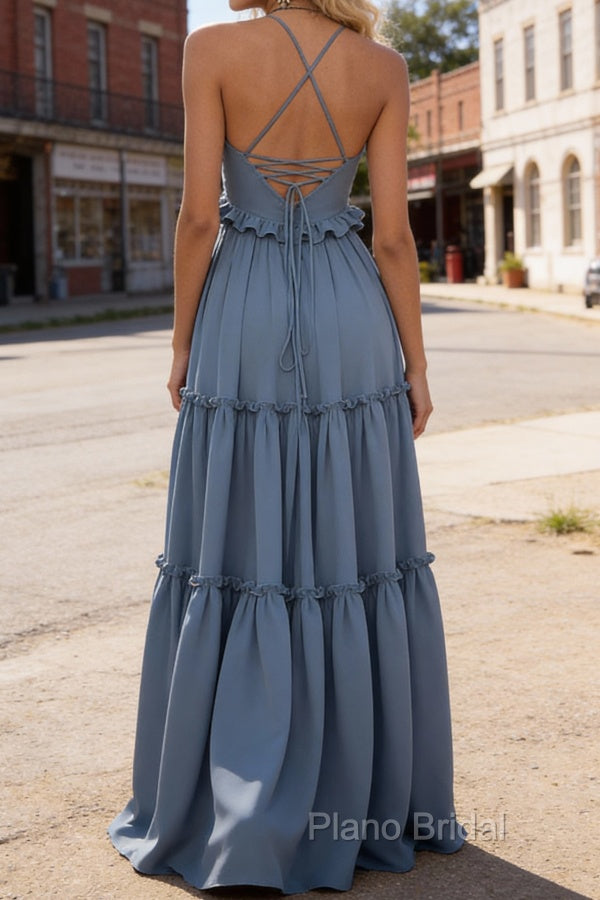 Dusty Blue A-line V Neck Sleeveless Floor-Length Chiffon Prom Dress Long Prom Dresses Backless with Pleated Ruffles Secondary image