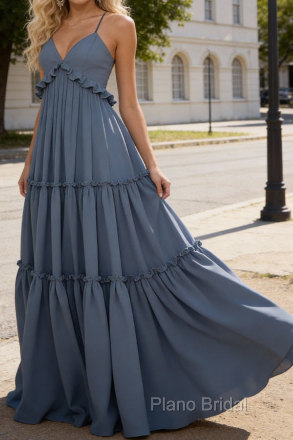 Dusty Blue A-line V Neck Sleeveless Floor-Length Chiffon Prom Dress Long Prom Dresses Backless with Pleated Ruffles Main image