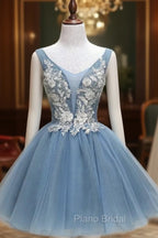 Dusty Blue Princess Tulle Appliqued Homecoming Dresses