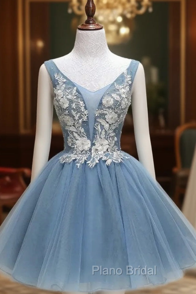 Dusty Blue Princess Tulle Appliqued Homecoming Dresses