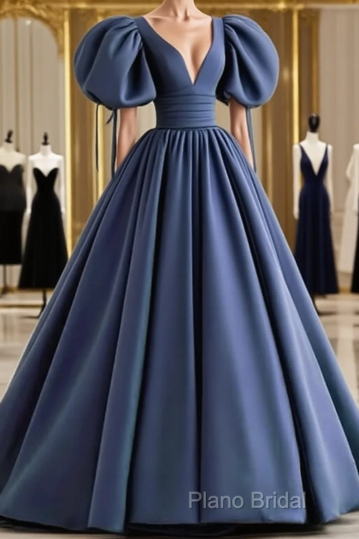Dusty Blue Formal Prom Dresses Puffy Sleeve Satin Ball Gown Main image