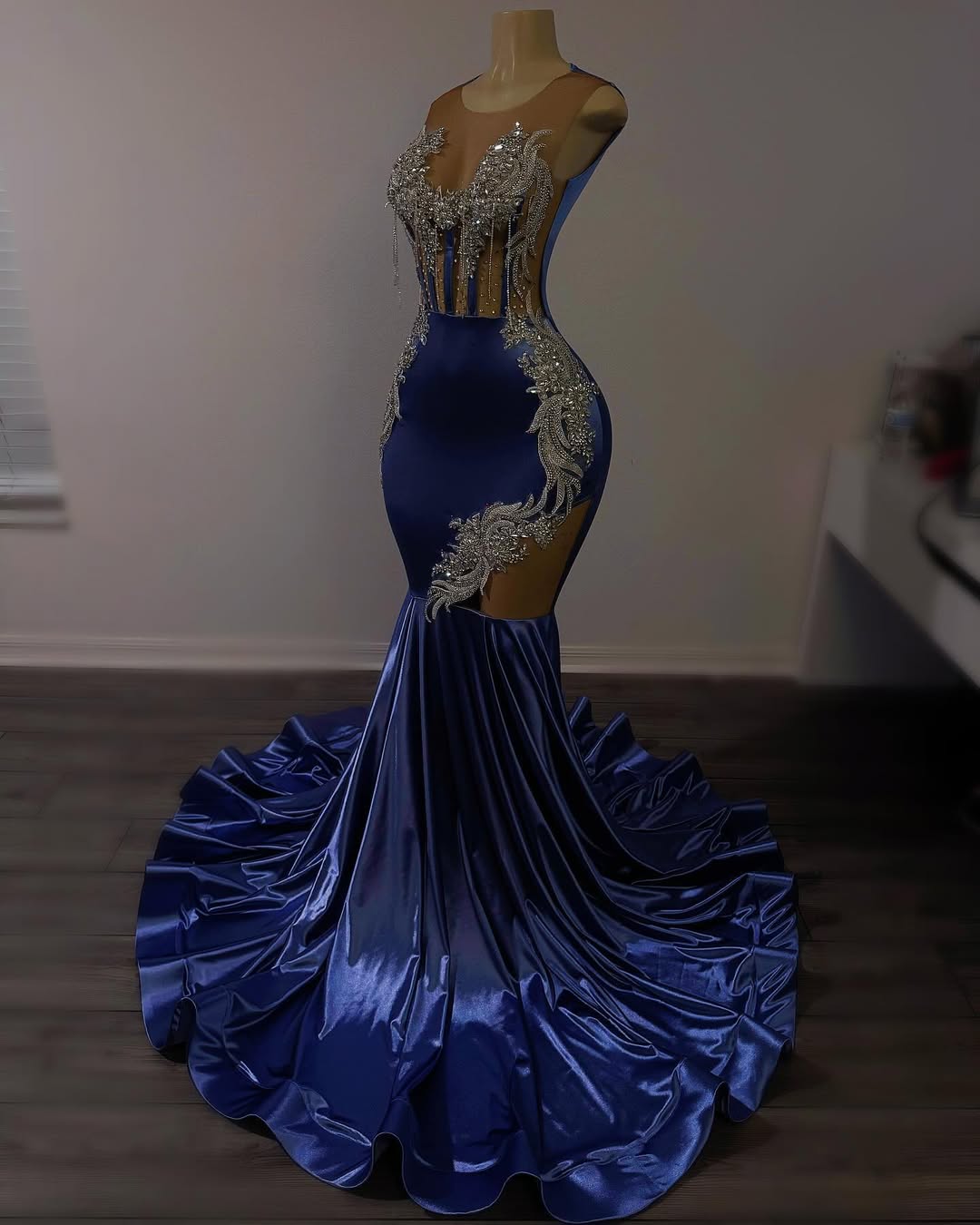 Dusty Blue Shiny Silver Beaded Mermaid Court Train Prom Dresses Secondary image