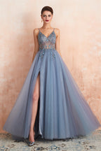 Spaghetti Straps V-neck Sheer Top Tulle Long Prom Dresses with Side Slit