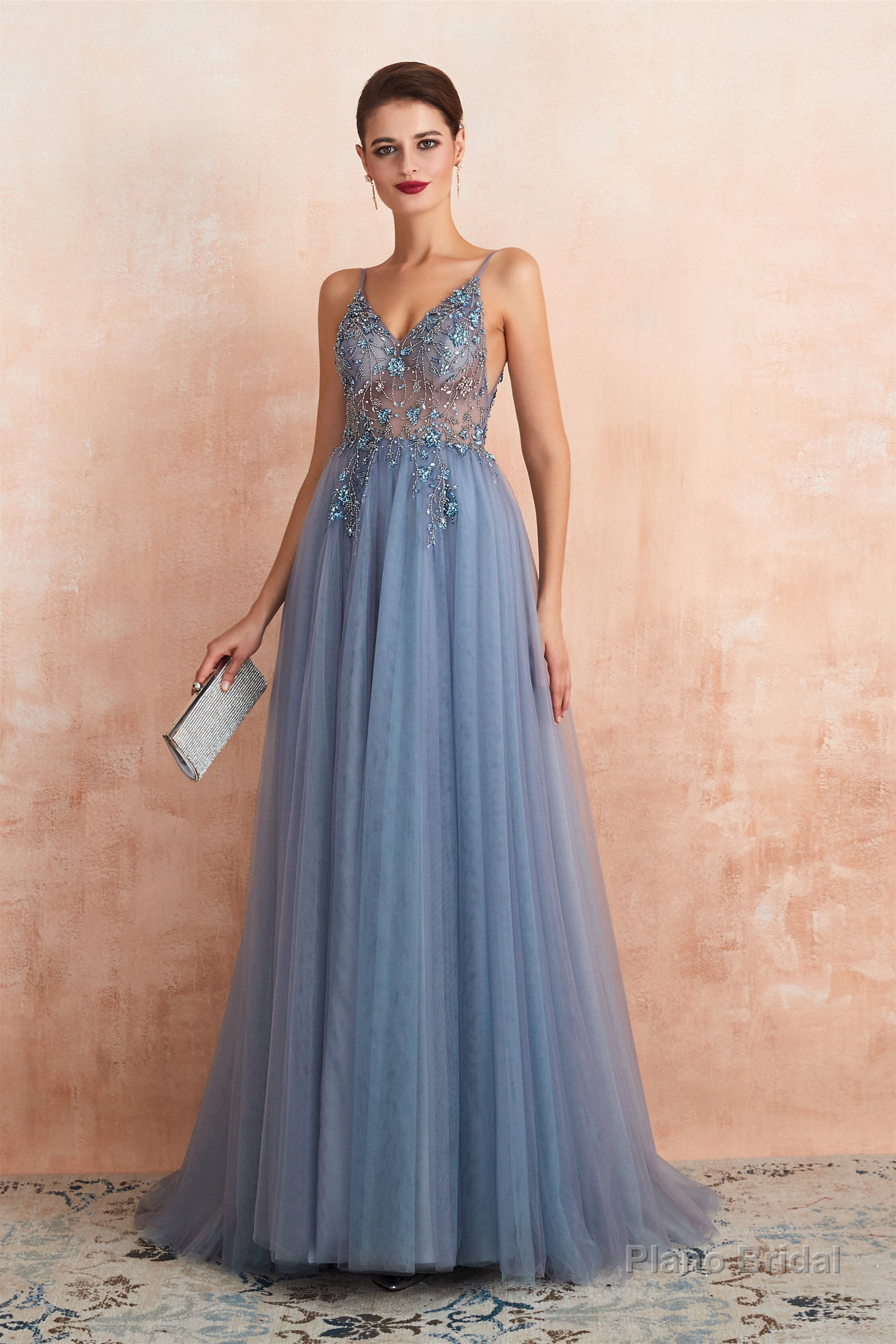 Spaghetti Straps V-neck Sheer Top Tulle Long Prom Dresses with Side Slit