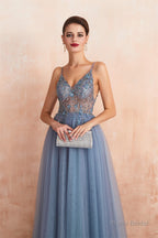 Spaghetti Straps V-neck Sheer Top Tulle Long Prom Dresses with Side Slit