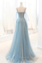 Dusty Blue Sparkly Tulle Long Formal Prom Dresses, A-Line Spaghetti Strap Evening Dresses
